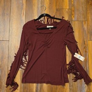 Idyllwind By MIRANDA LAMBERT  Maroon Fringe Sleeve Long Sleeve Top Festival